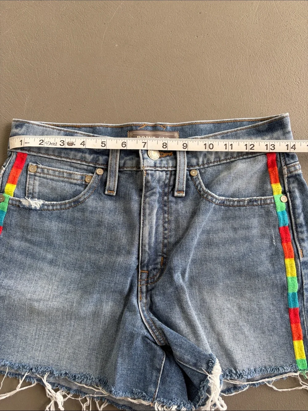 J. Crew Point Sur Blue Denim Cutoff Shorts with Rainbow Embroidered Side Trim